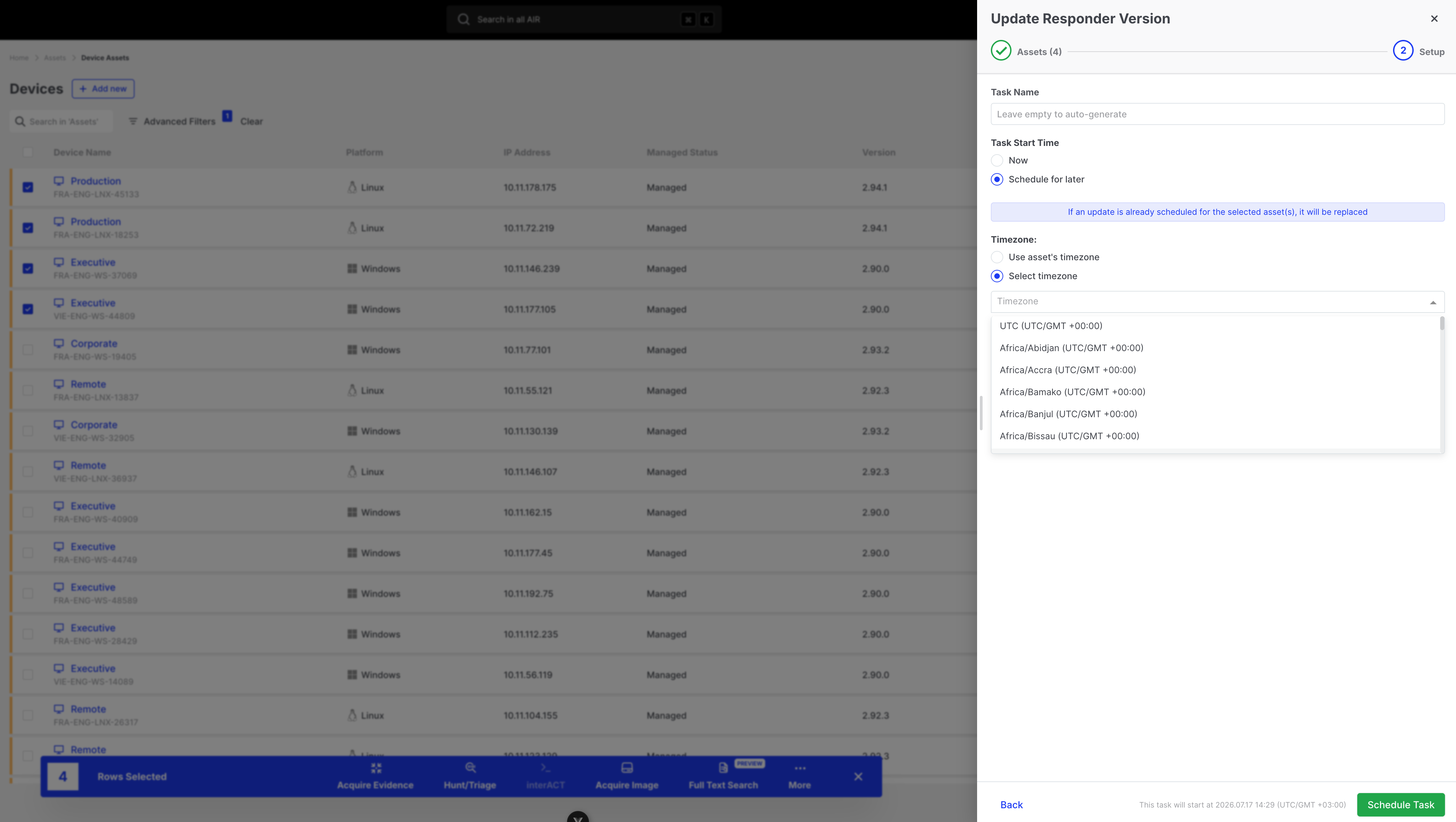 How do I update Responders on assets: Schedule for later options